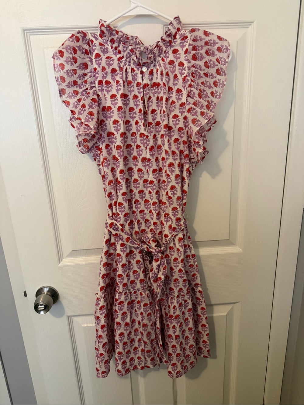 Oliphant ruffle sleeve dress with Red and Lavender Floral Print size small